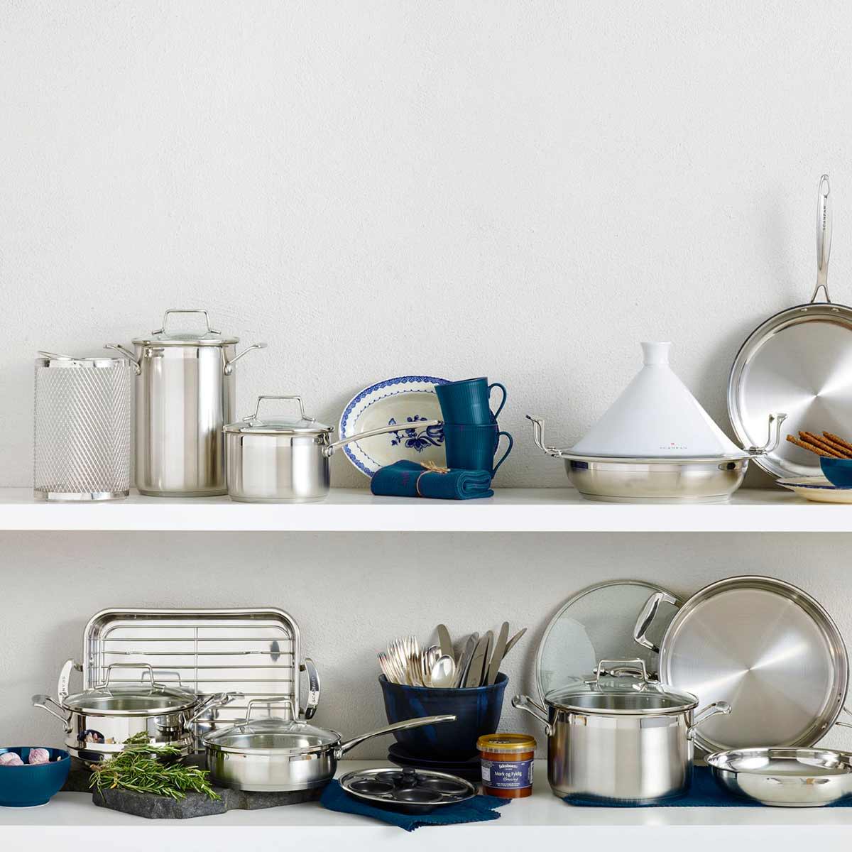 Assortment of safe cookware: stainless steel pot, glass dish, ceramic bowl