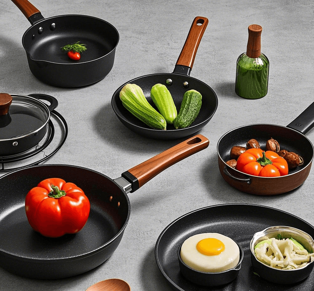 Comparison shot: a dented aluminum pan next to a sturdy tri-ply pan