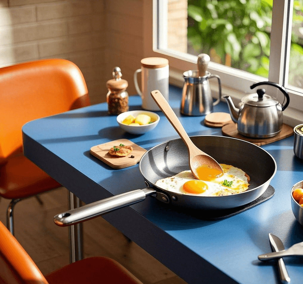 Fresh vegetables being cooked in a shiny tri-ply pan