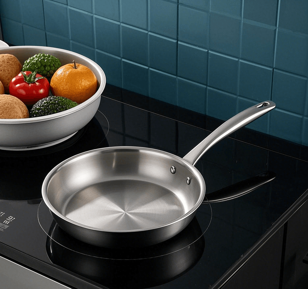 Person comparing the weight of a tri-ply pan and a lighter pan