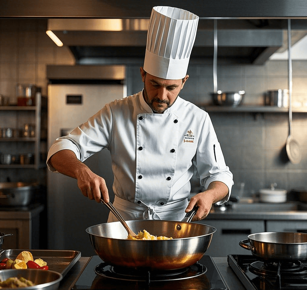 Chef cooking on a professional range with stainless steel and carbon steel pans