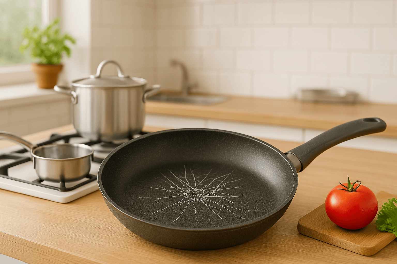 Image of a badly damaged, peeling non-stick frying pan