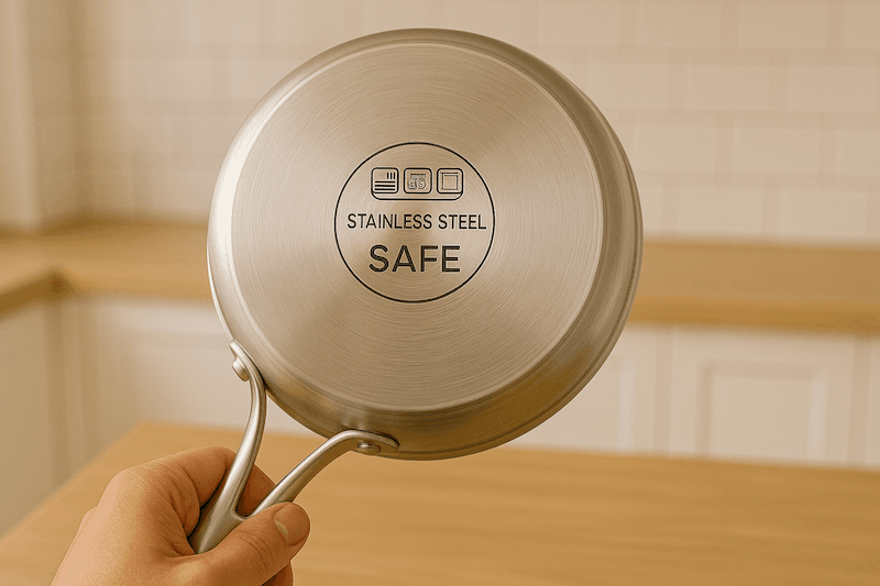 Image showing safe cookware materials: glass dish, stainless steel pot, ceramic bowl