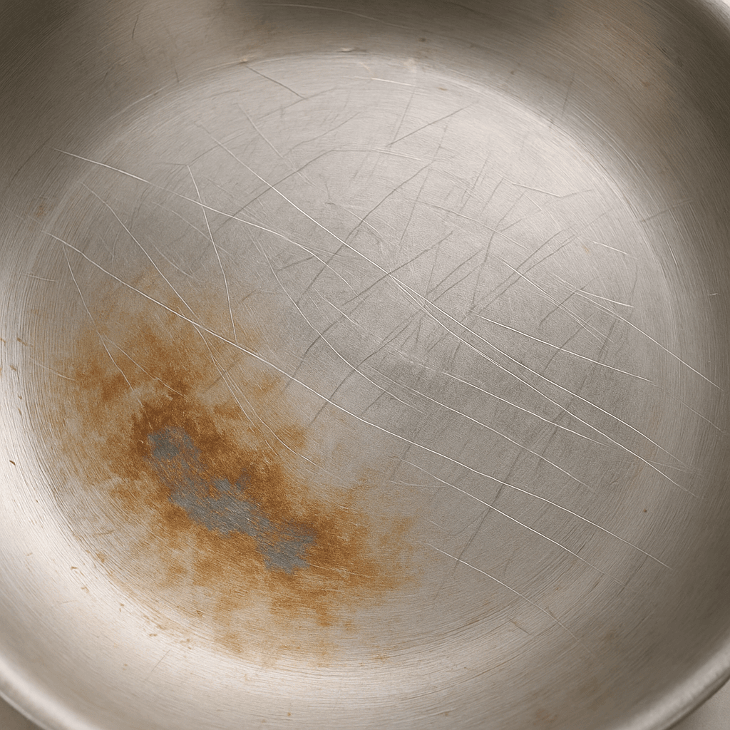 Damaged stainless steel pan showing scratches and discoloration