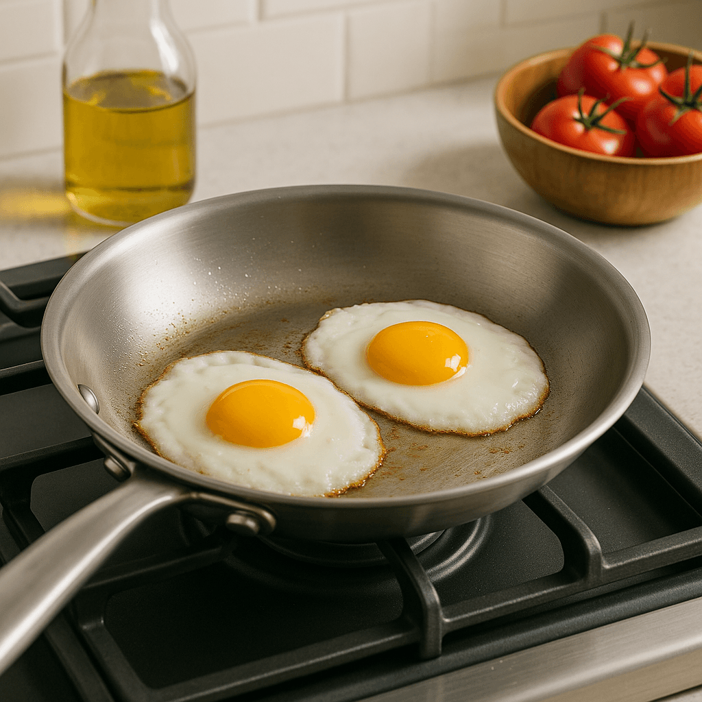 Perfectly cooked eggs in a stainless steel pan