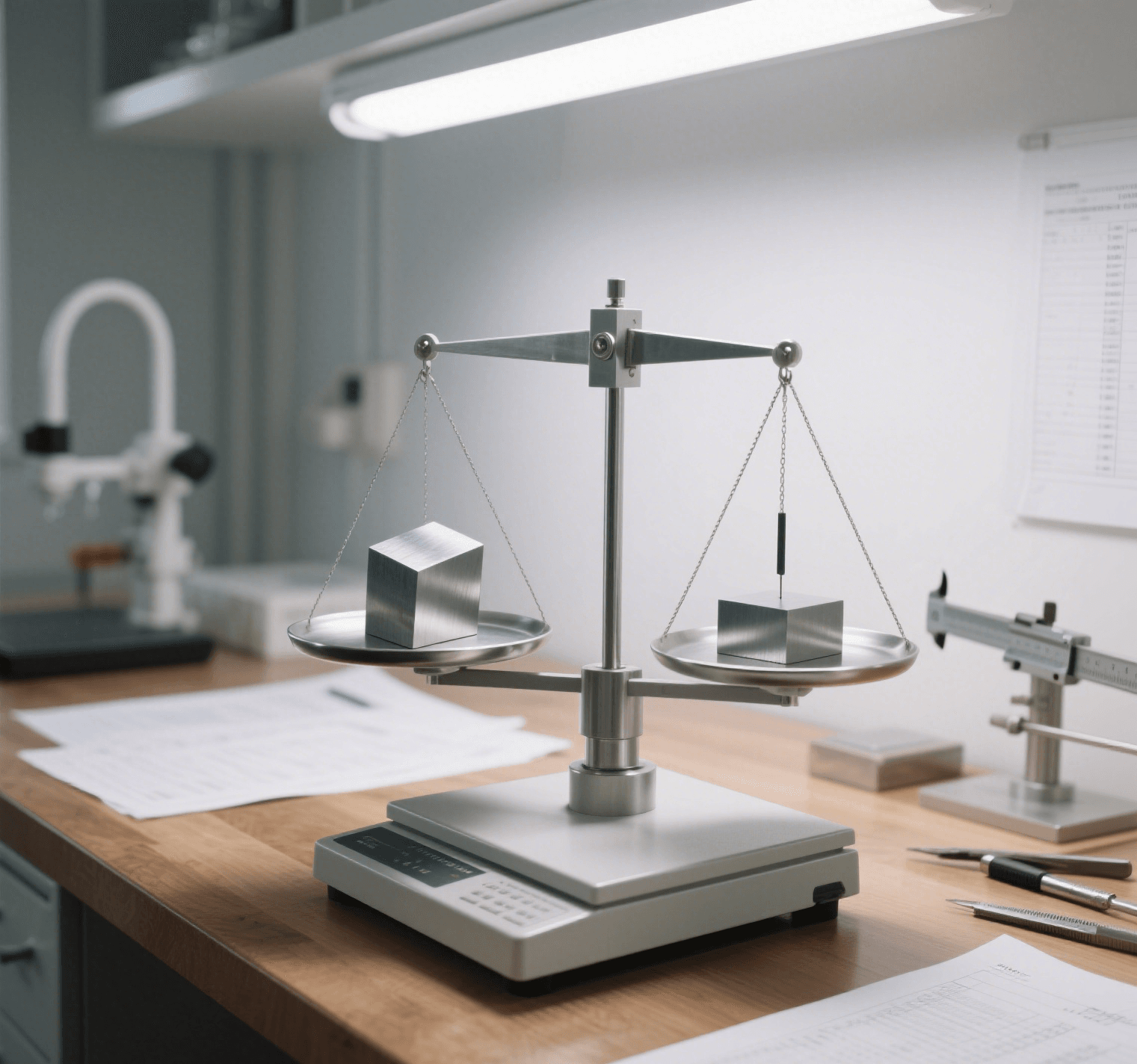 Scales balancing titanium and steel samples